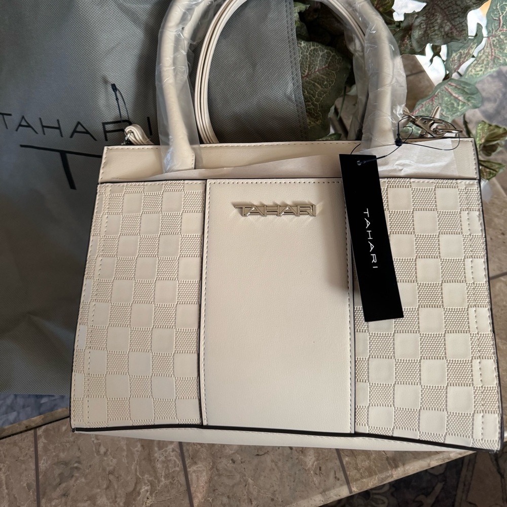 Tahari Ivory Checkered Satchel - Picture 3 of 13
